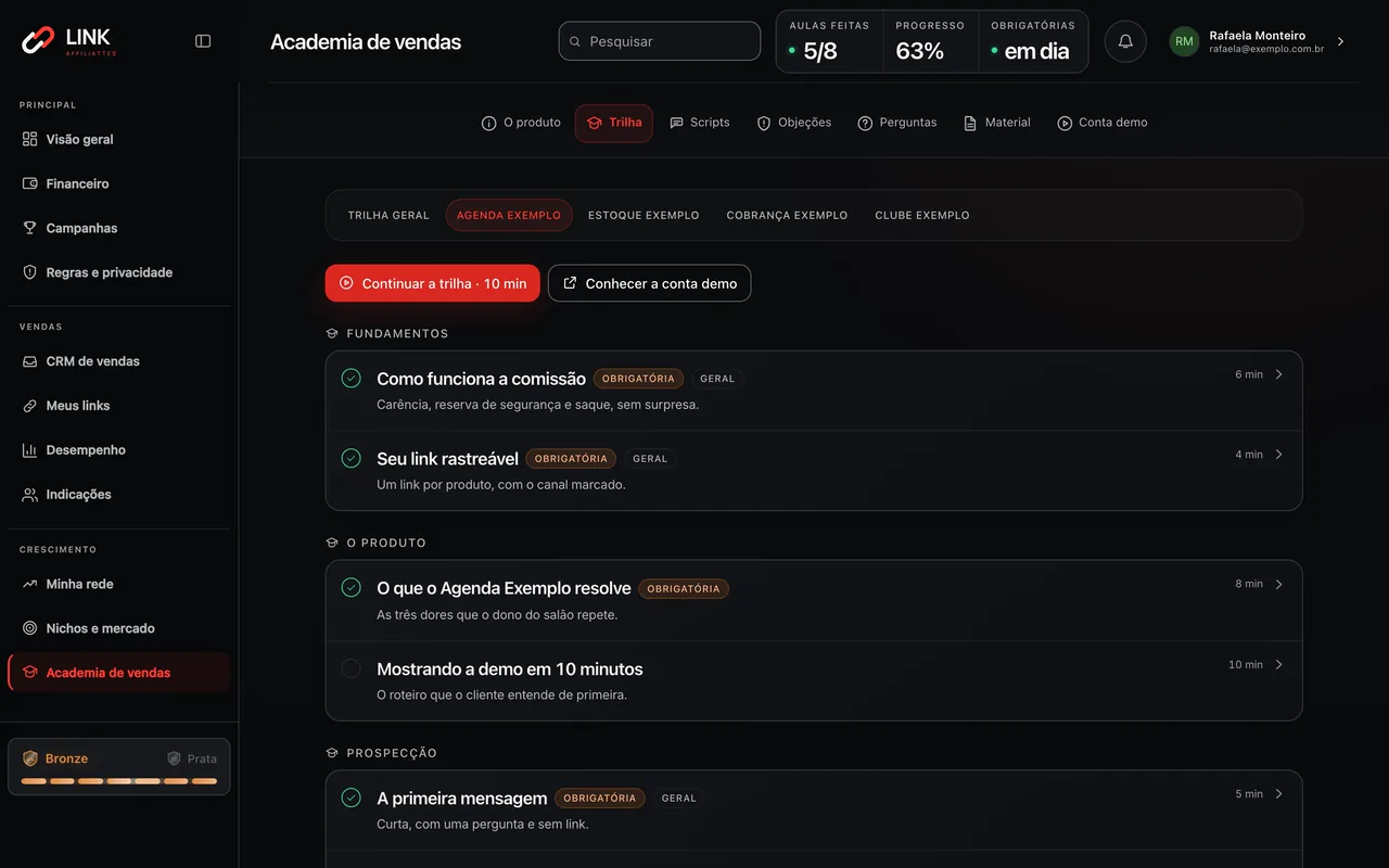Academia de vendas no computador: a trilha, as aulas e os scripts