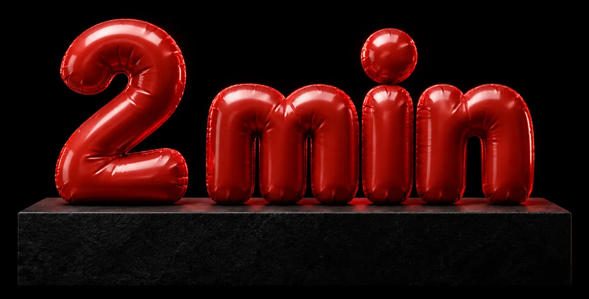 “2 min” em letras 3D vermelhas infladas sobre um pedestal de pedra preta