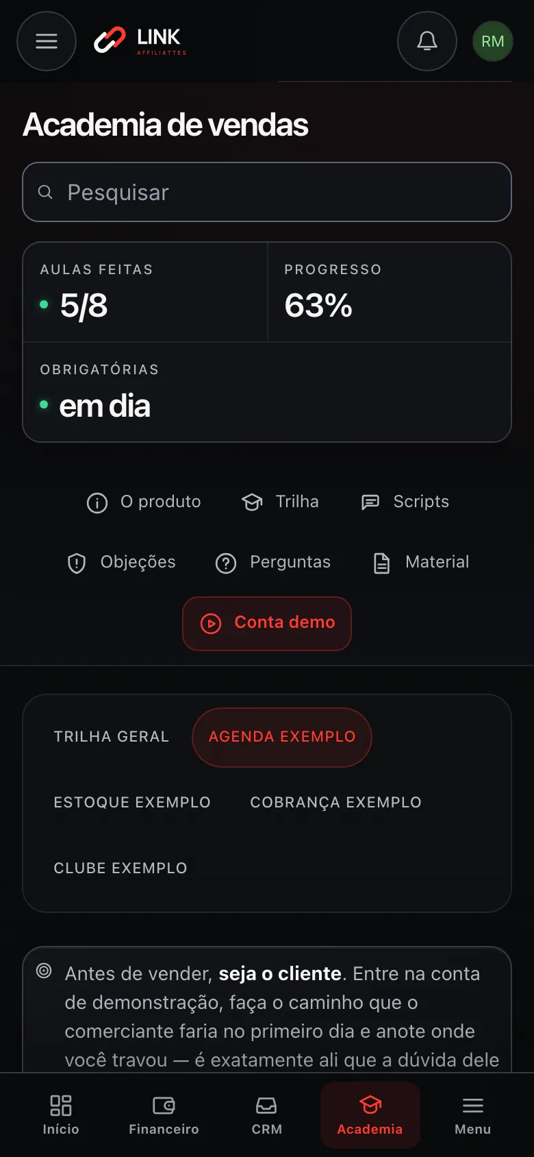 Aba Conta demo da Academia no celular: o progresso das aulas, os produtos de exemplo e a abertura “Antes de vender, seja o cliente”