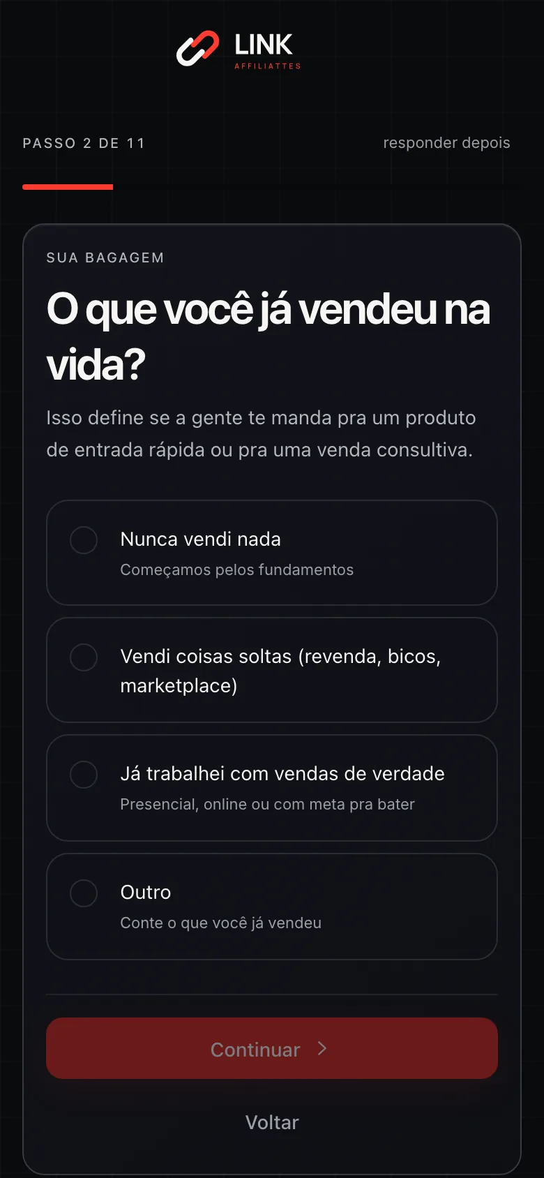 Tela do diagnóstico comercial: a pergunta "O que você já vendeu na vida?" com quatro opções de resposta
