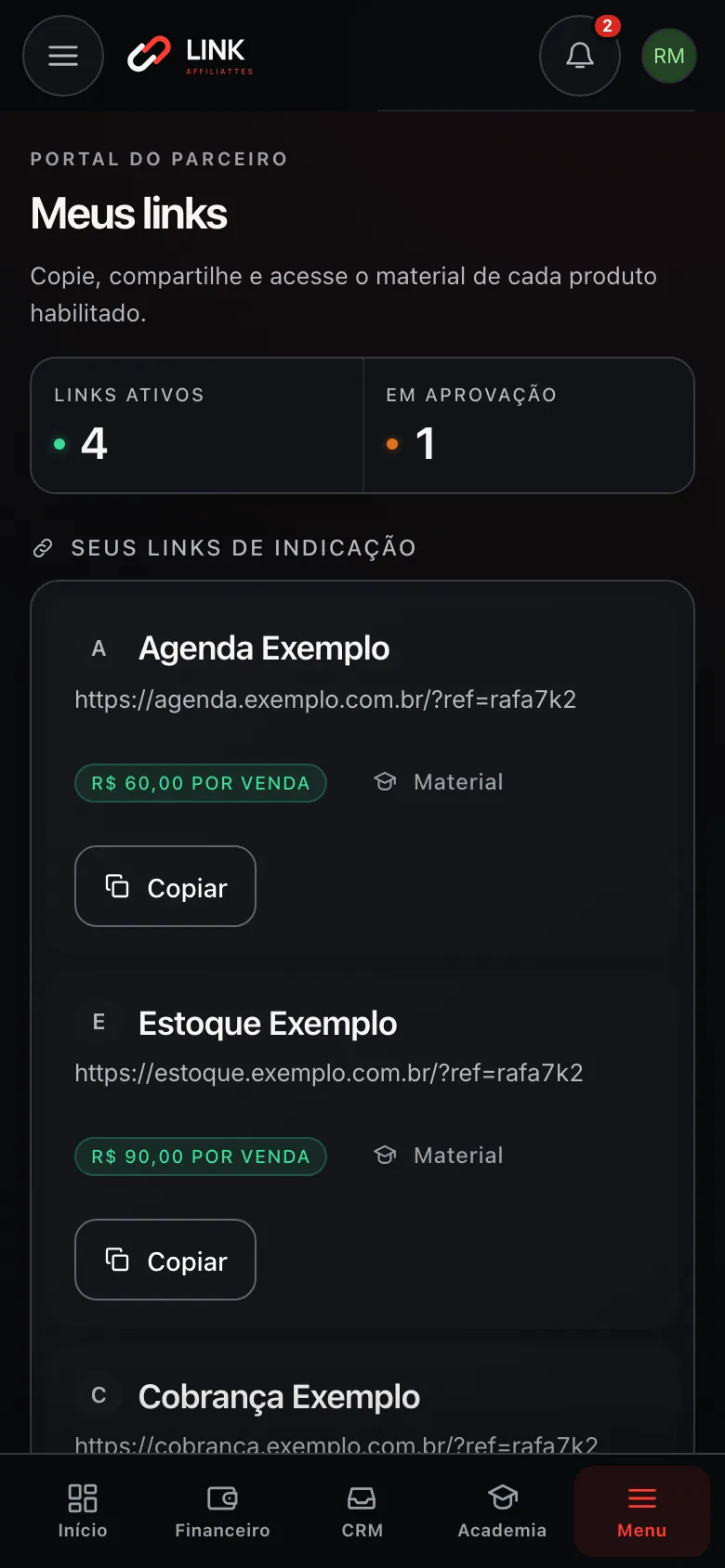 Tela Meus links: o link de indicação de cada produto habilitado e o valor por venda, numa conta de demonstração