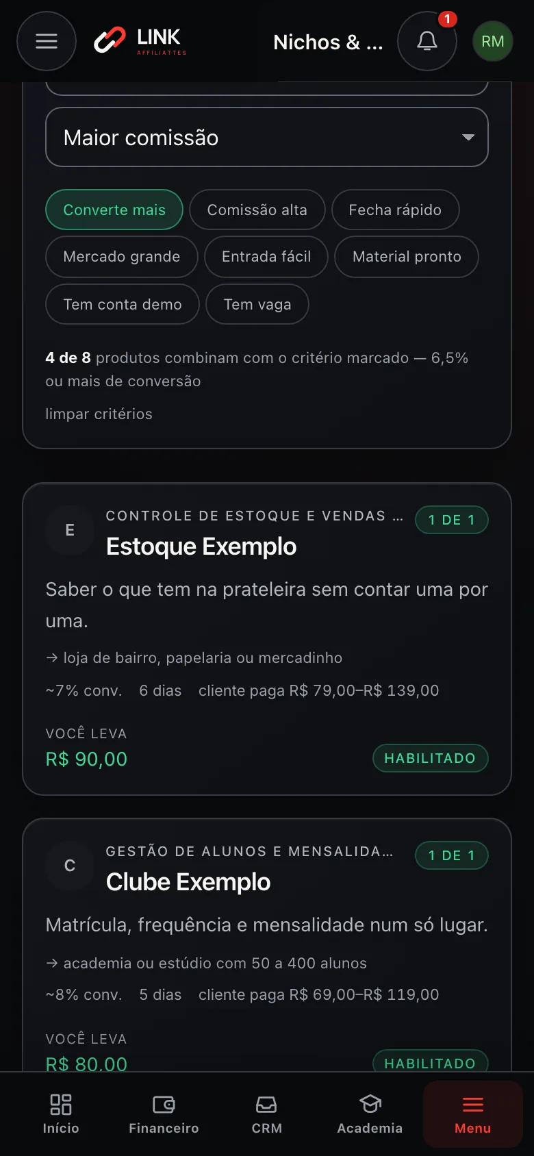 Nichos e mercado no celular: a vitrine de produtos com o critério Converte mais marcado