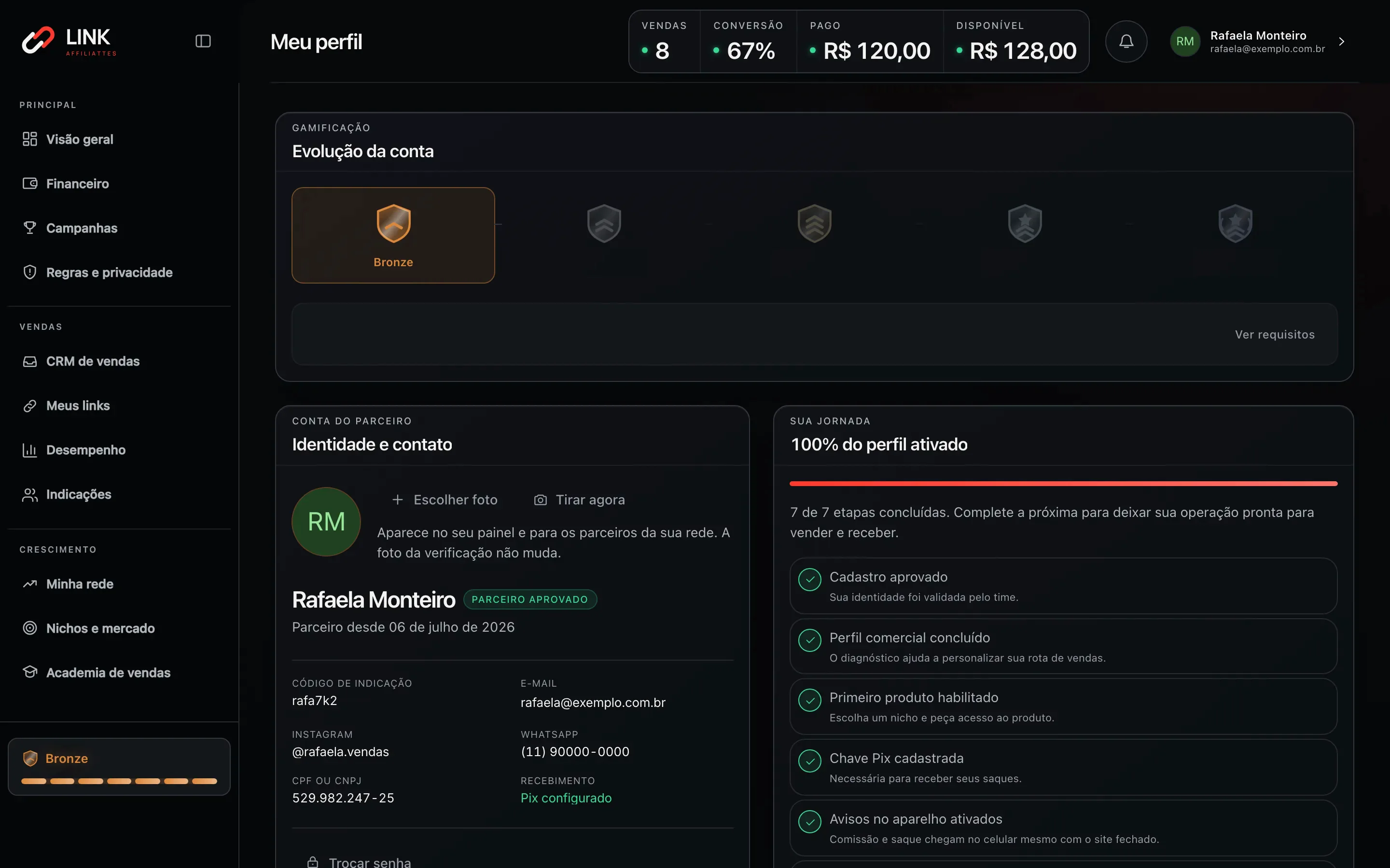 Tela Meu perfil do painel, no cartão Identidade e contato: foto, nome, e-mail, Instagram, WhatsApp, CPF ou CNPJ e a chave Pix configurada, numa conta de demonstração