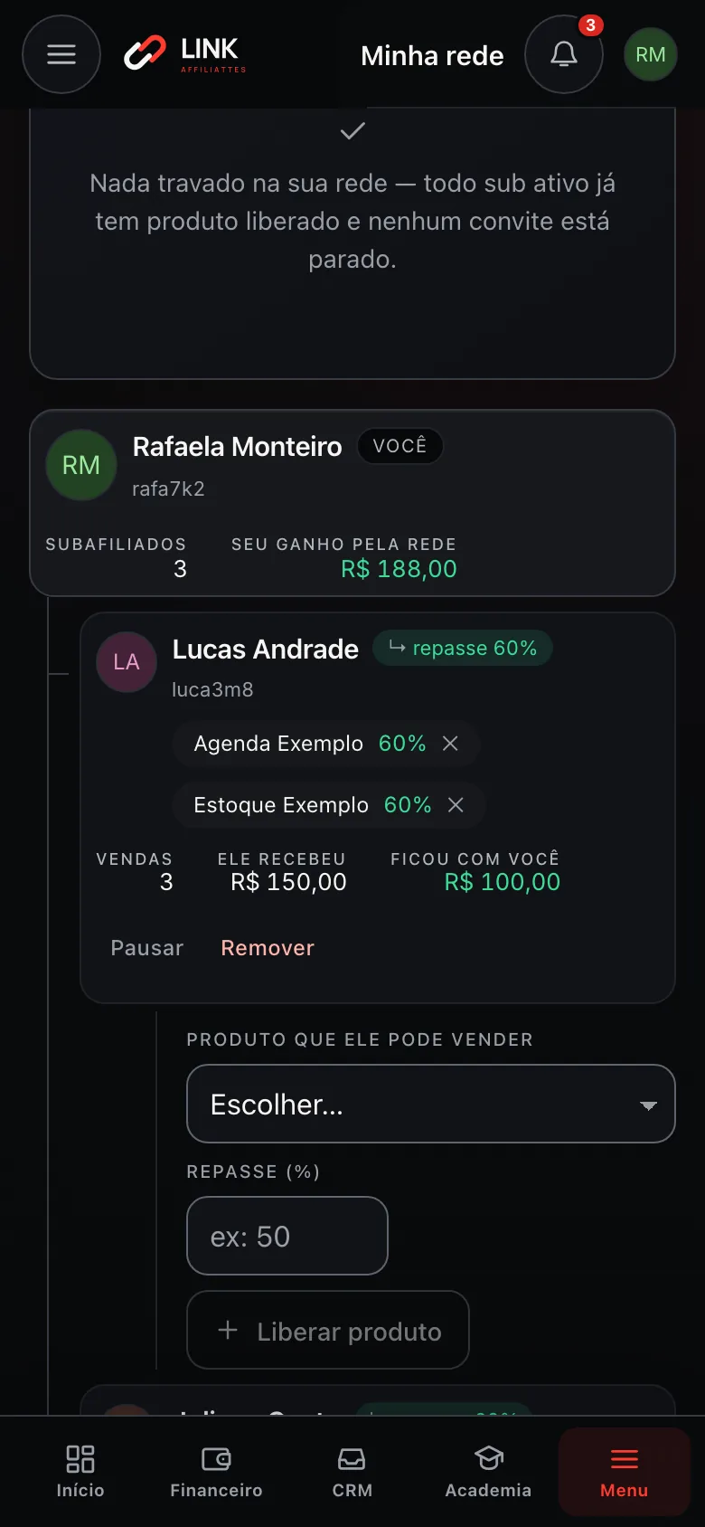 Tela Minha rede: os subafiliados, o repasse de cada produto e o que ficou com você