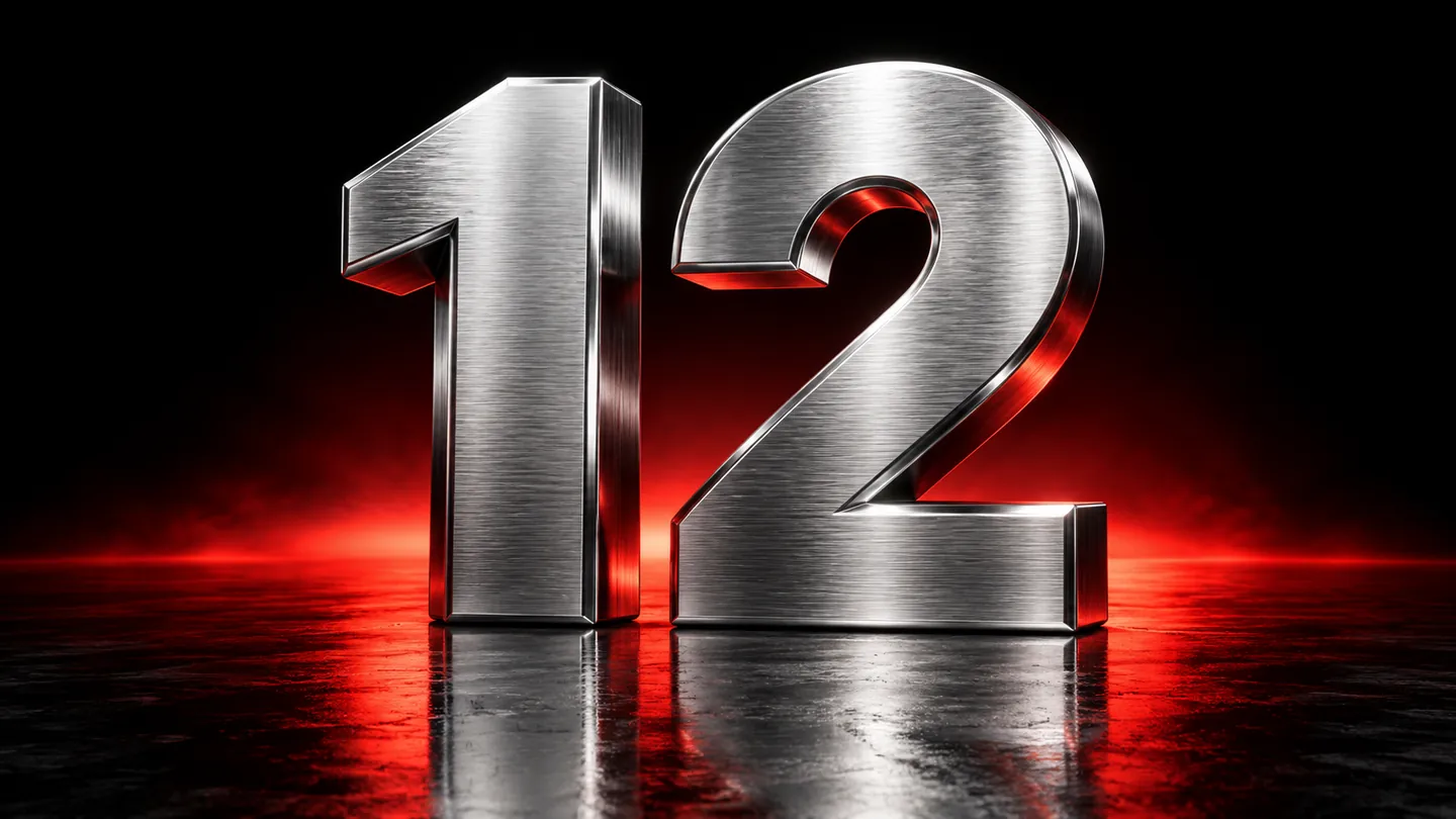 O número 12 em metal escovado, iluminado de vermelho: as 12 áreas do painel