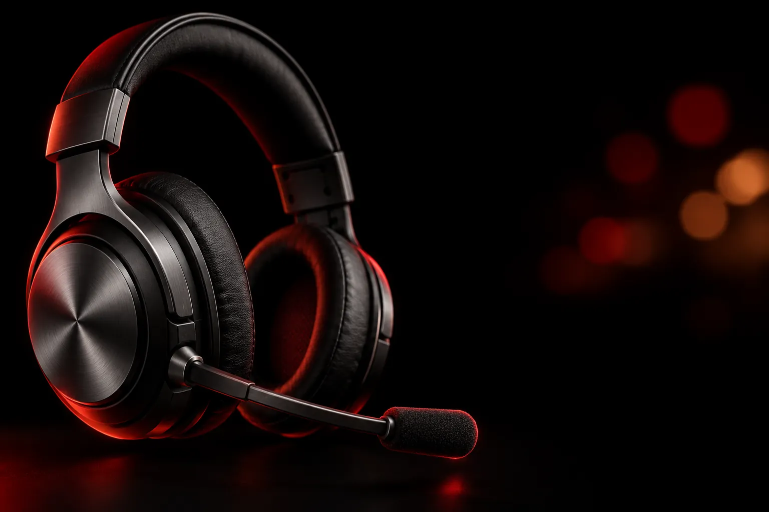 Headset de atendimento preto com microfone, em fundo escuro com luz vermelha